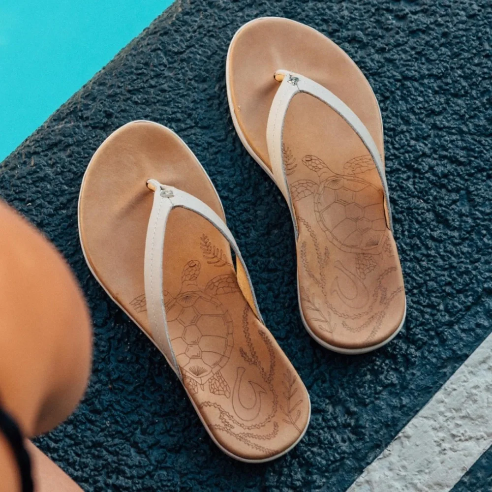 OluKai Women’s White and Tan Leather Flip Flop Sandals